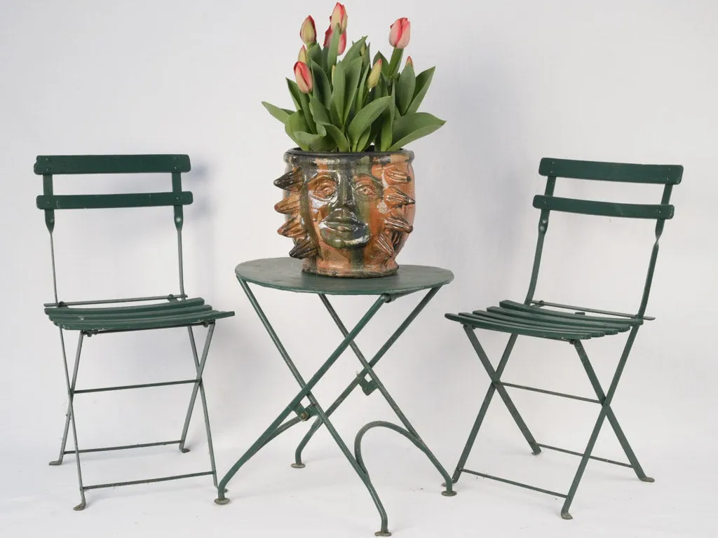 19th-century French children's outdoor iron folding table & pair of chairs - green