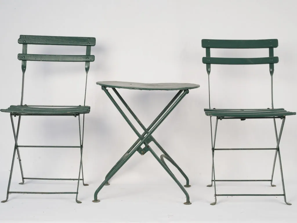 19th-century French children's outdoor iron folding table & pair of chairs - green