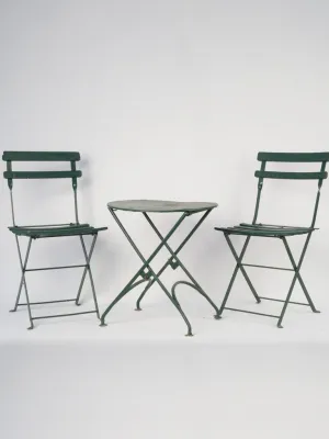 19th-century French children's outdoor iron folding table & pair of chairs - green