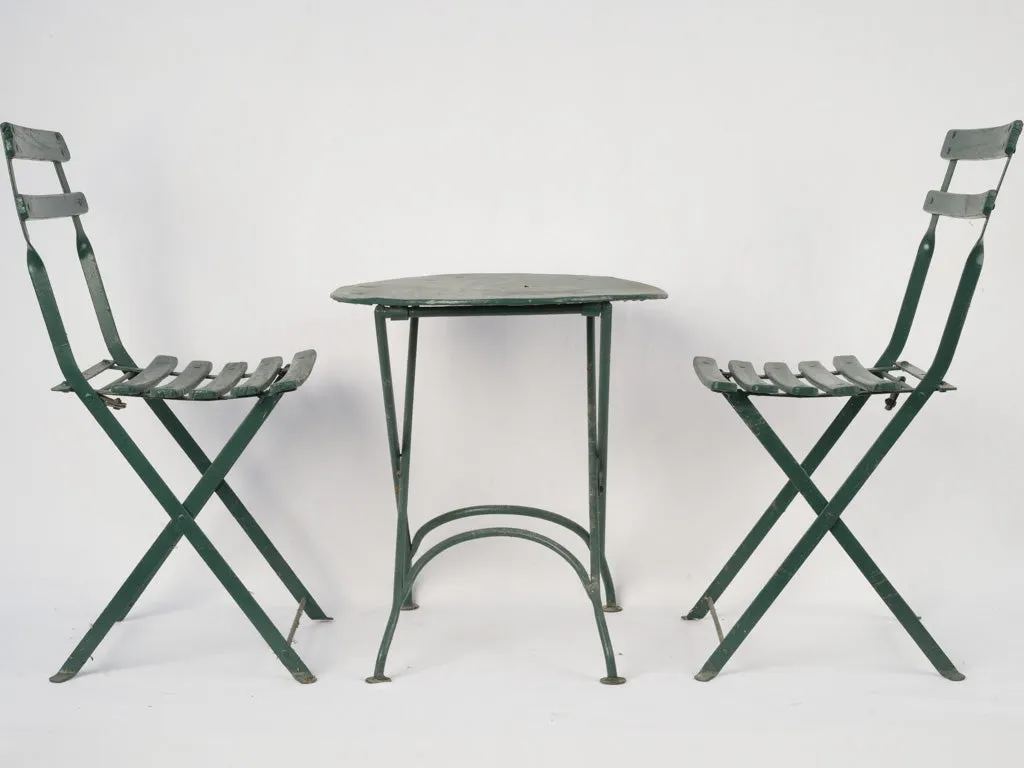 19th-century French children's outdoor iron folding table & pair of chairs - green