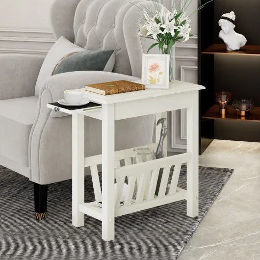 2-Tier End Table with Pull-out Tray and Solid Rubber Wood Legs-White