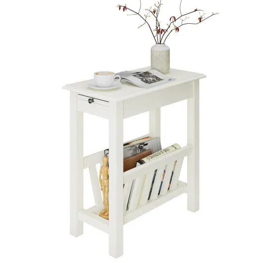 2-Tier End Table with Pull-out Tray and Solid Rubber Wood Legs-White