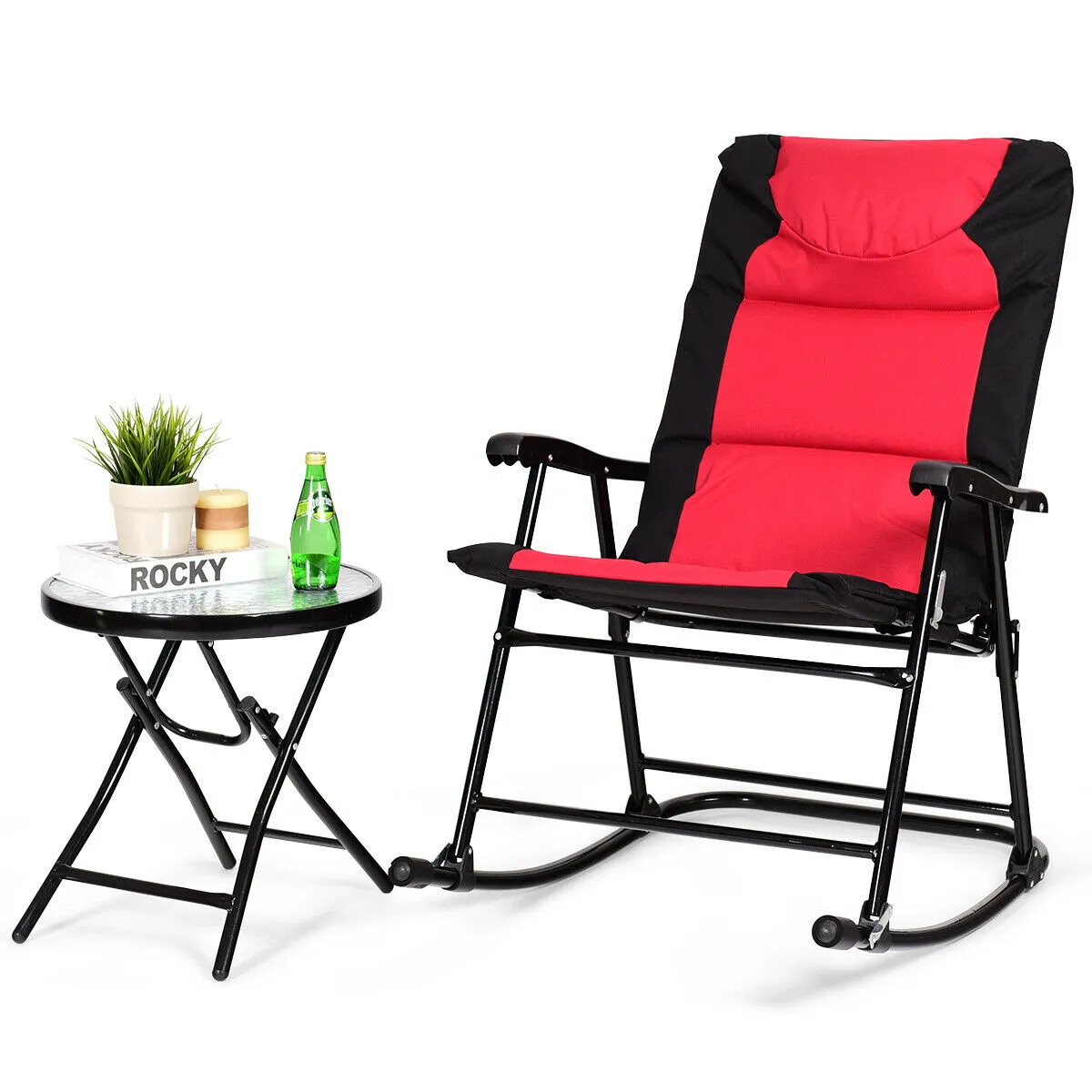 3 Pcs Folding Bistro Set Outdoor Rocking Chairs and Table Set