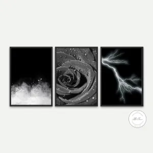 3 Piece Black And White Wall Art PRINTABLE WALL ART, Mystical Celestial Indie Poster, Dark Floral Wall Art, Black White Abstract Art Prints