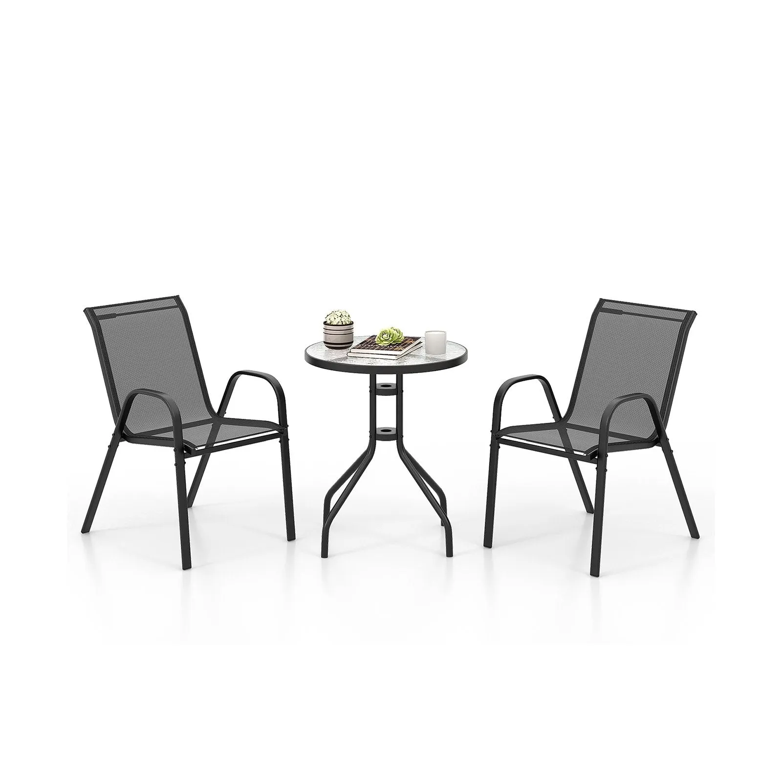 3 Pieces Outdoor Bistro Set with 2 Stackable Chairs and Round Side Table-Black