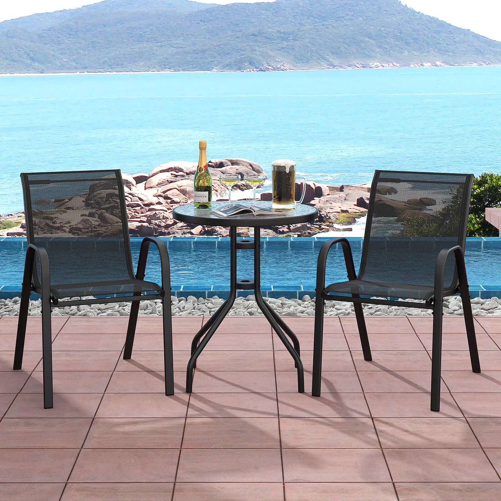 3 Pieces Outdoor Bistro Set with 2 Stackable Chairs and Round Side Table-Black