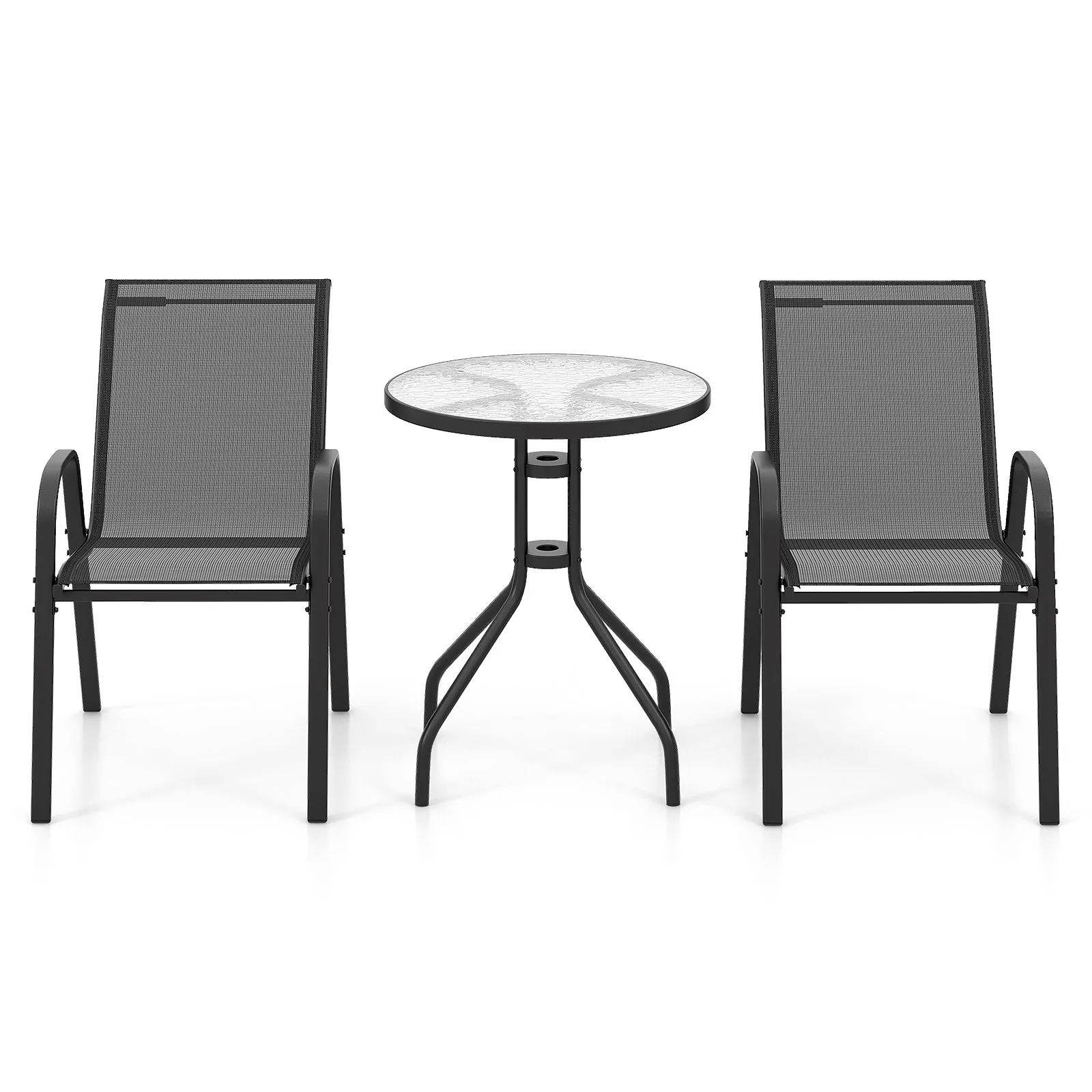 3 Pieces Outdoor Bistro Set with 2 Stackable Chairs and Round Side Table-Black