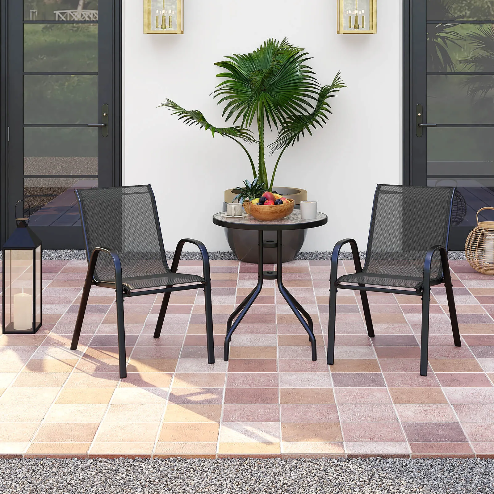 3 Pieces Outdoor Bistro Set with 2 Stackable Chairs and Round Side Table-Black