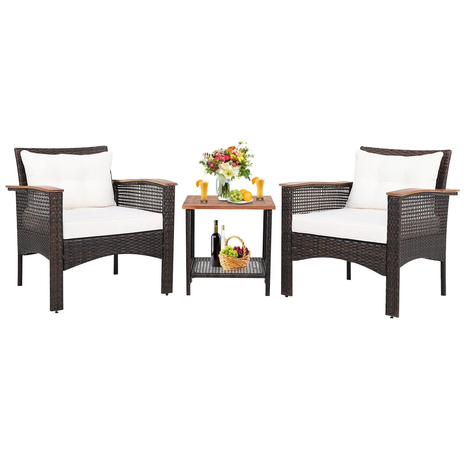 3 Pieces Patio Furniture Set PE Rattan Sofa Set with Acacia Wood Top Table