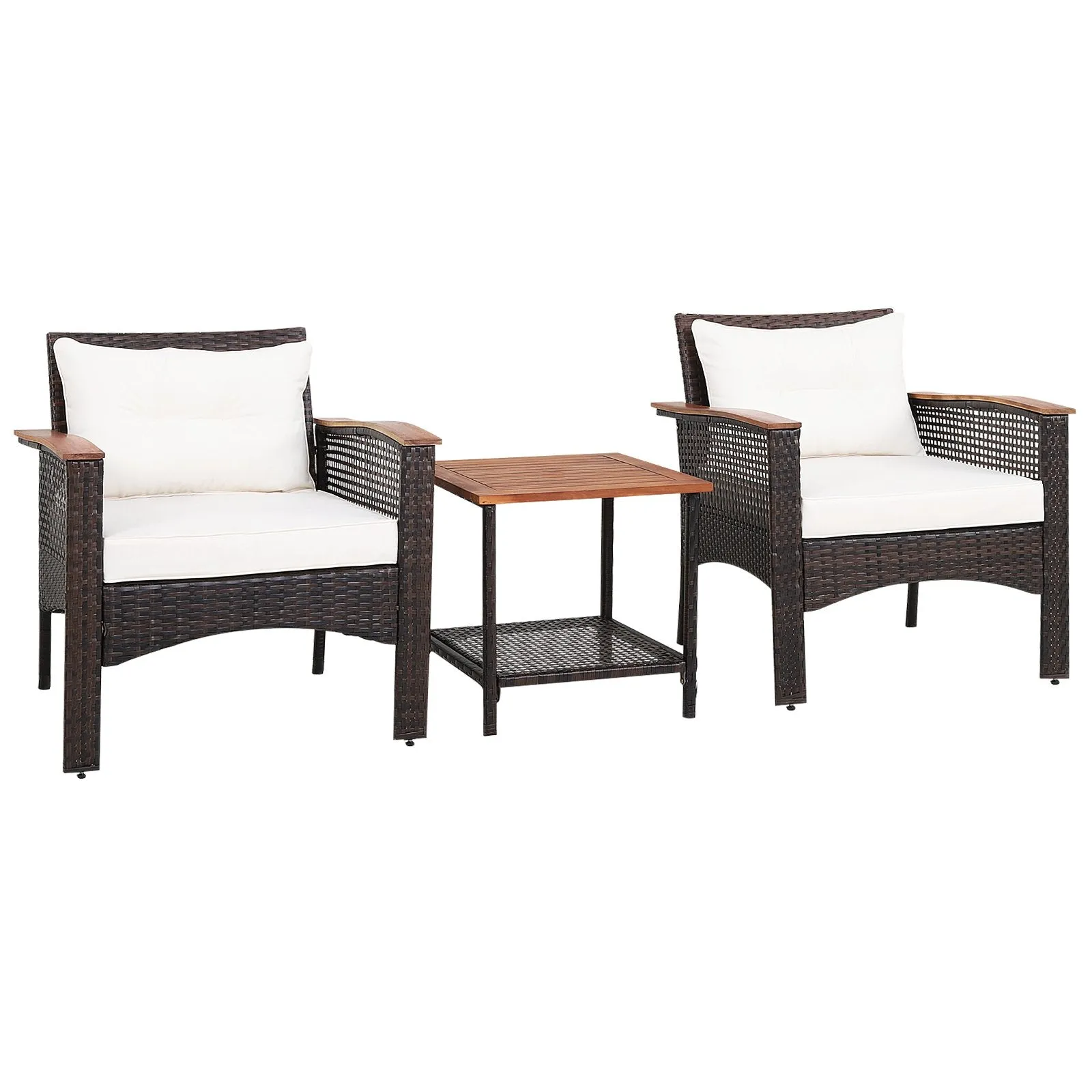 3 Pieces Patio Furniture Set PE Rattan Sofa Set with Acacia Wood Top Table