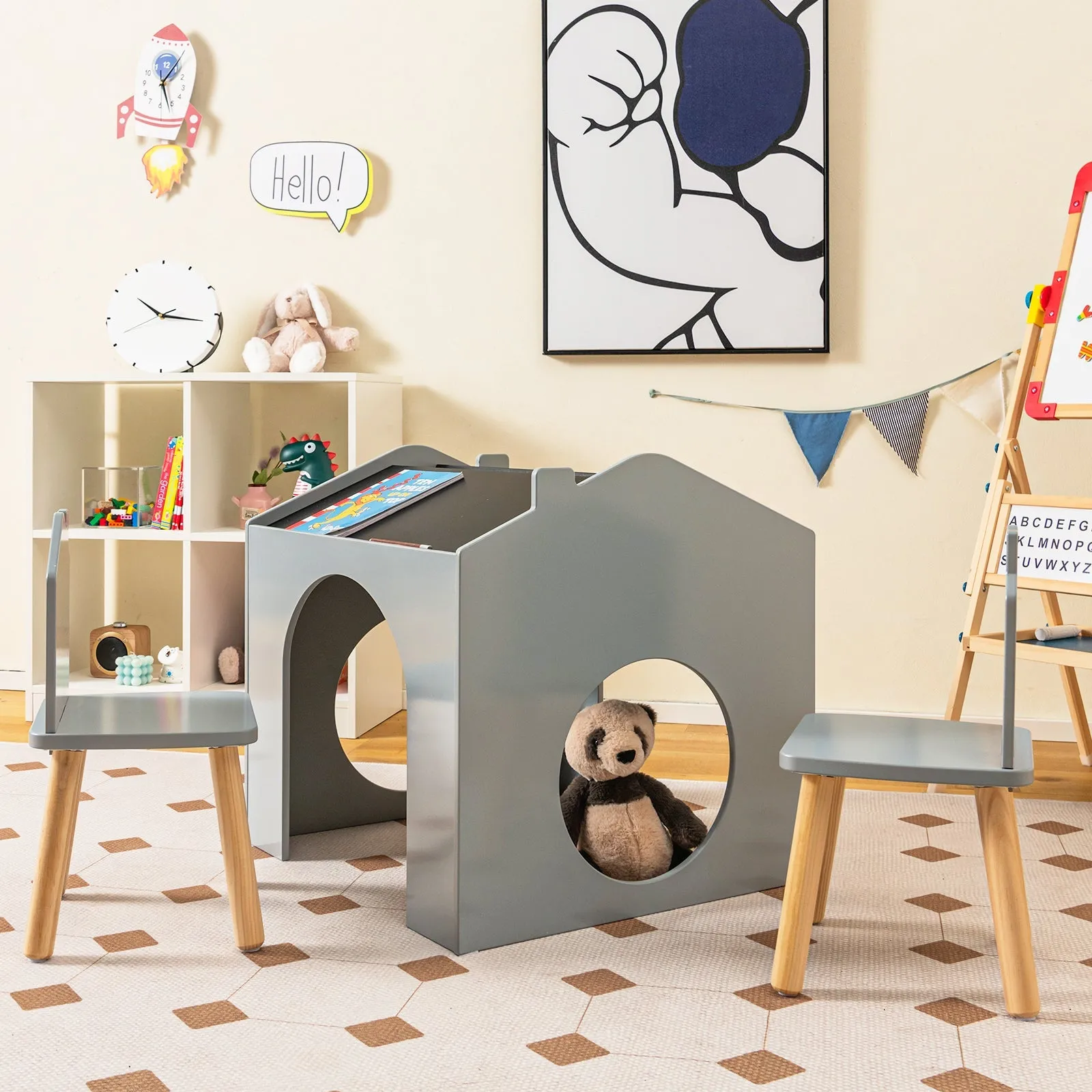 3 Pieces Wooden Kids Table and Chair Set with Chalkboards-Grey