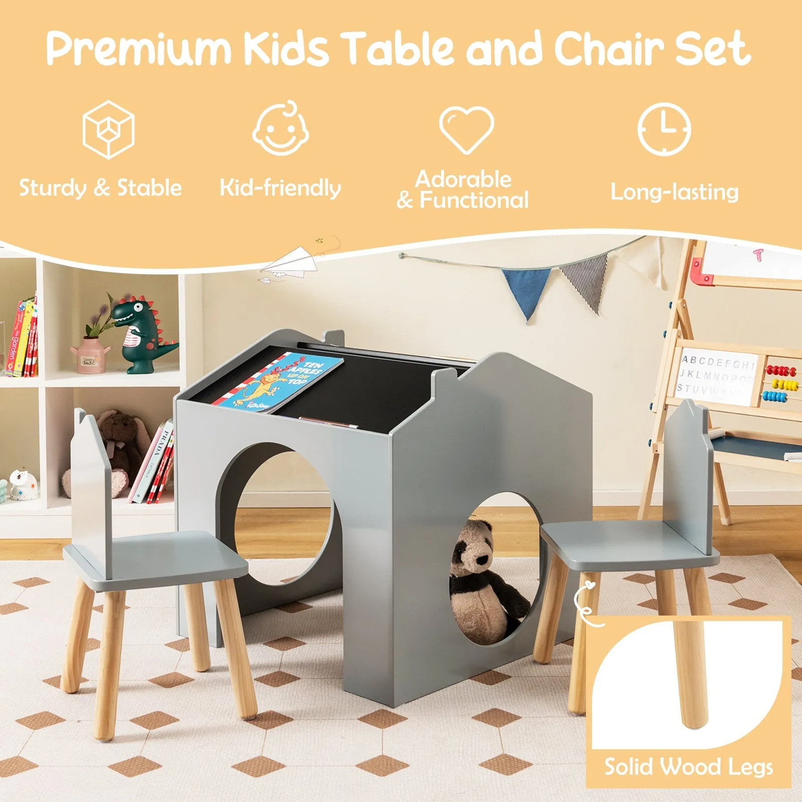 3 Pieces Wooden Kids Table and Chair Set with Chalkboards-Grey