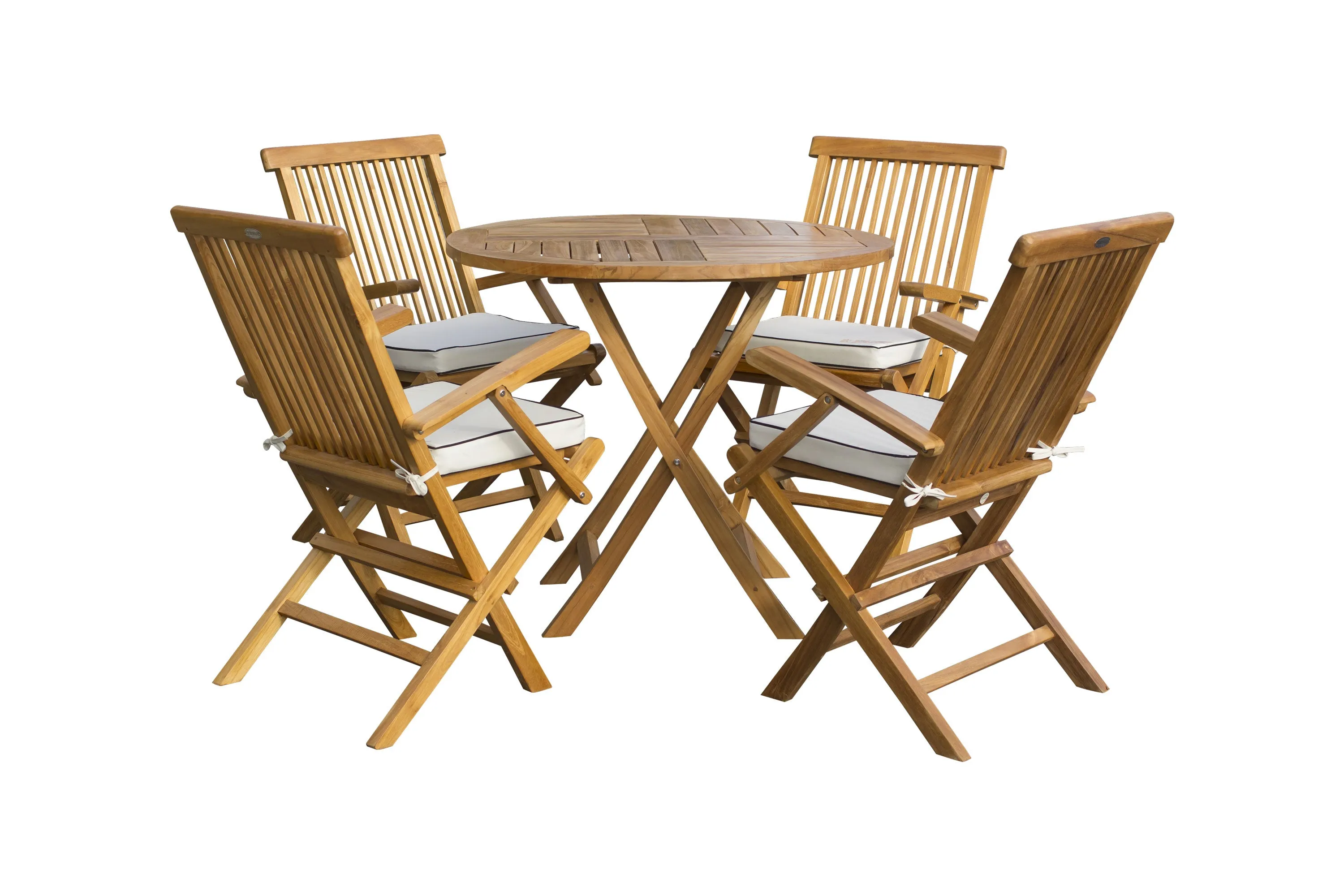 5 Piece Teak Wood California Dining Set with 47" Round Folding Table and 4 Folding Arm Chairs