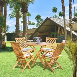 5 Piece Teak Wood California Dining Set with 47" Round Folding Table and 4 Folding Arm Chairs