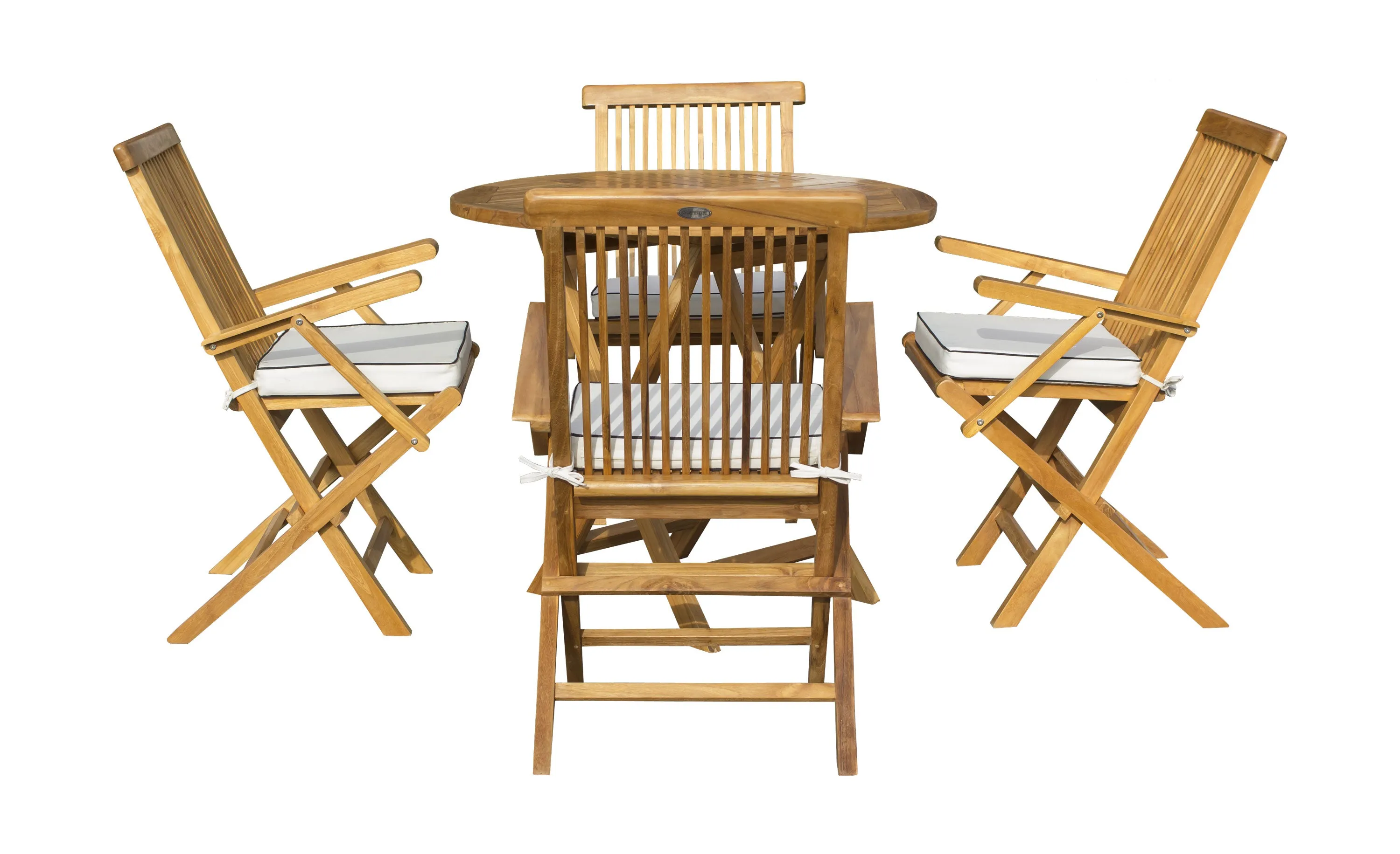 5 Piece Teak Wood California Dining Set with 47" Round Folding Table and 4 Folding Arm Chairs