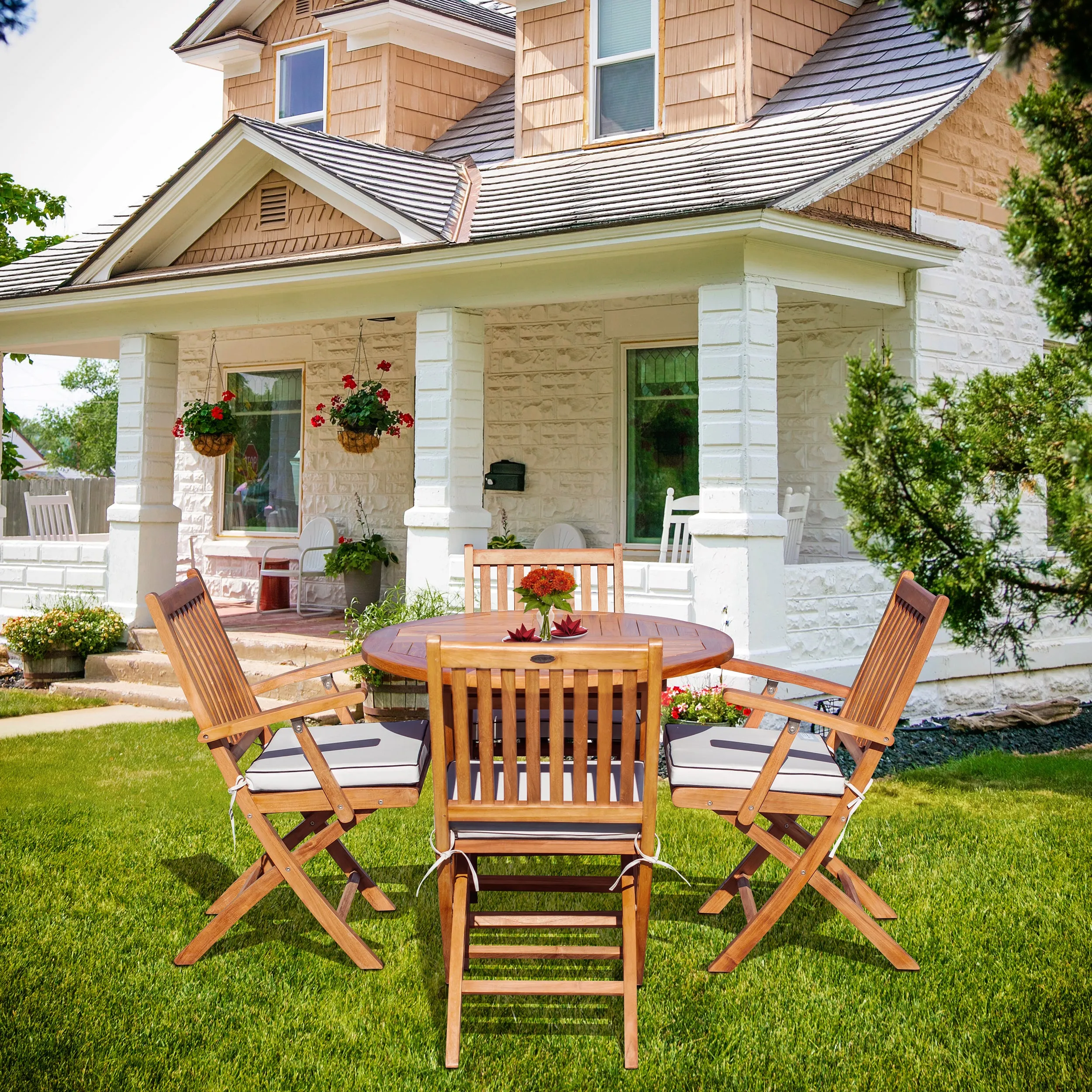 5 Piece Teak Wood Santa Barbara Patio Dining Set, 47" Round Folding Table with 4 Folding Arm Chairs