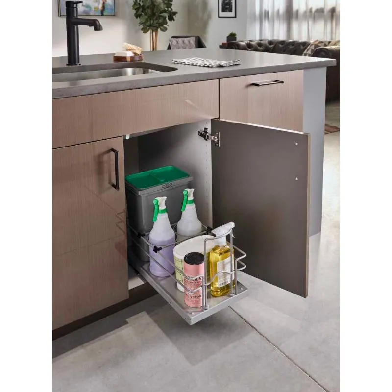 5SBWCC Series Metallic Silver Sink Base Waste and Cleaning Pull-Out Organizer (9" x 18.56" x 14.25")