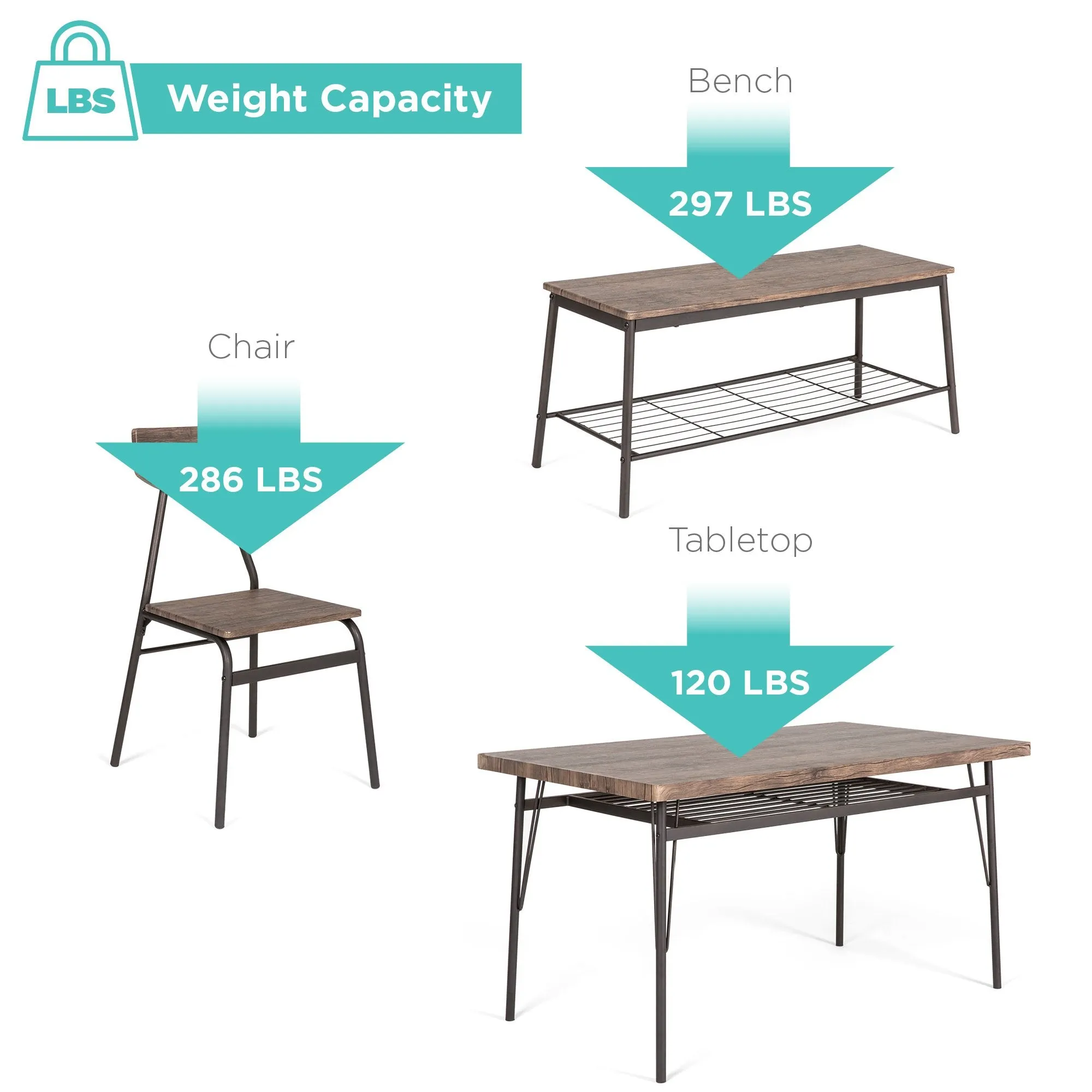 6-Piece Modern Dining Set w/ Storage Racks, Table, Bench, 4 Chairs - Brown