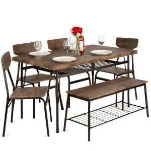 6-Piece Modern Dining Set w/ Storage Racks, Table, Bench, 4 Chairs - Brown