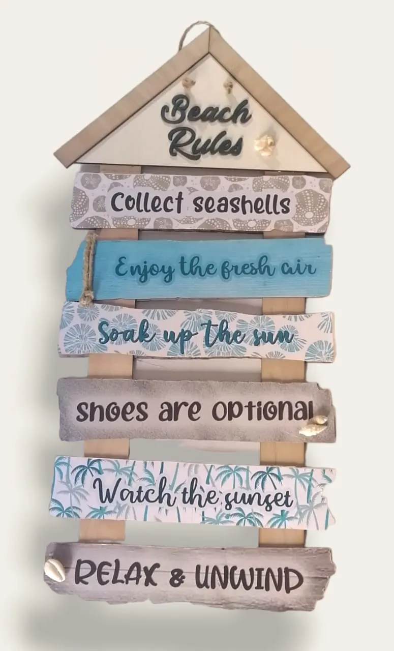 Beach rules printed wooden wall art