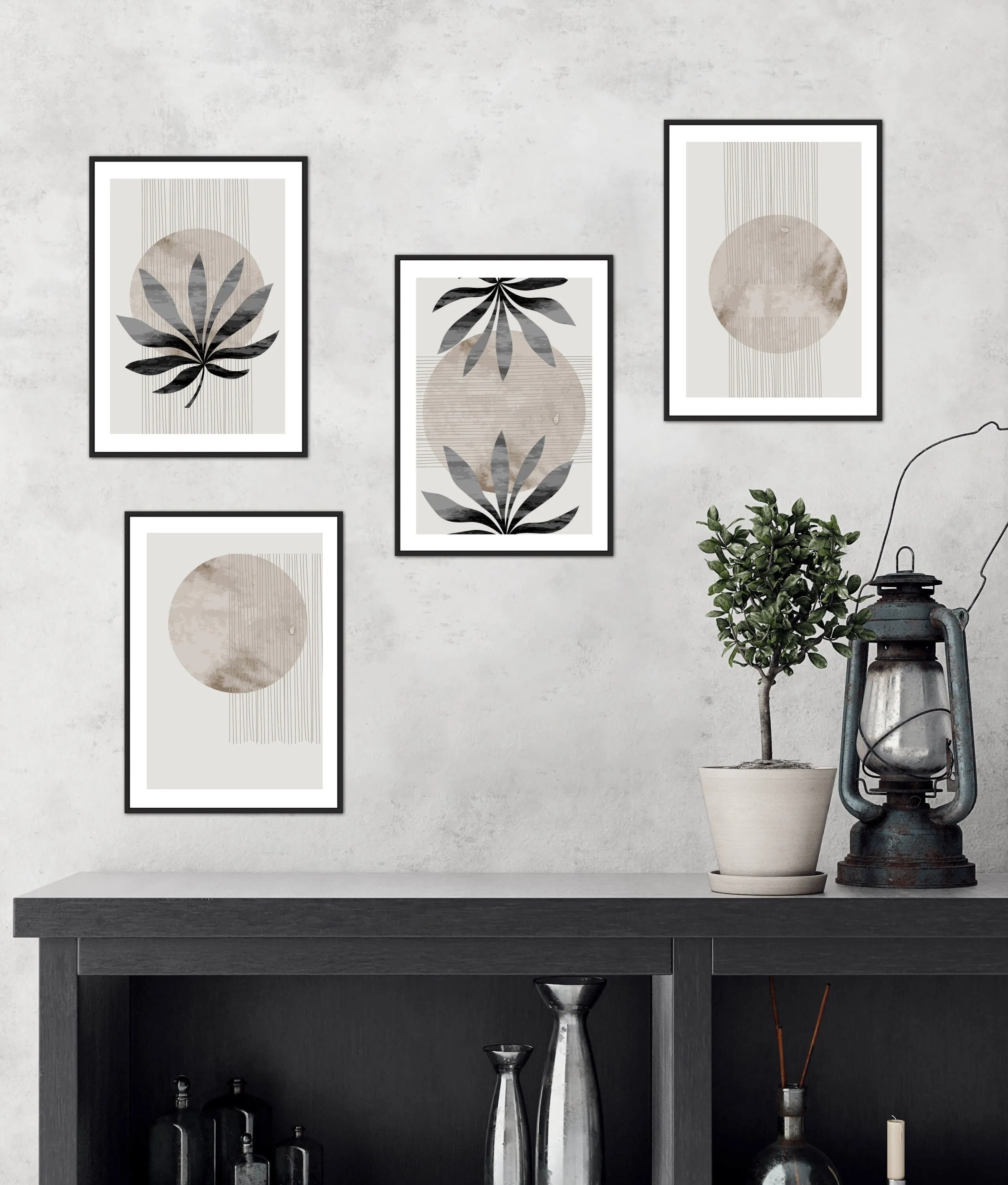 Beige Wall Art Set 4 PRINTABLE ART, Abstract Minimal Print Set, Black And White Art Set, Alternative Wall Decor, Botanical Wall Art, Grunge Posters