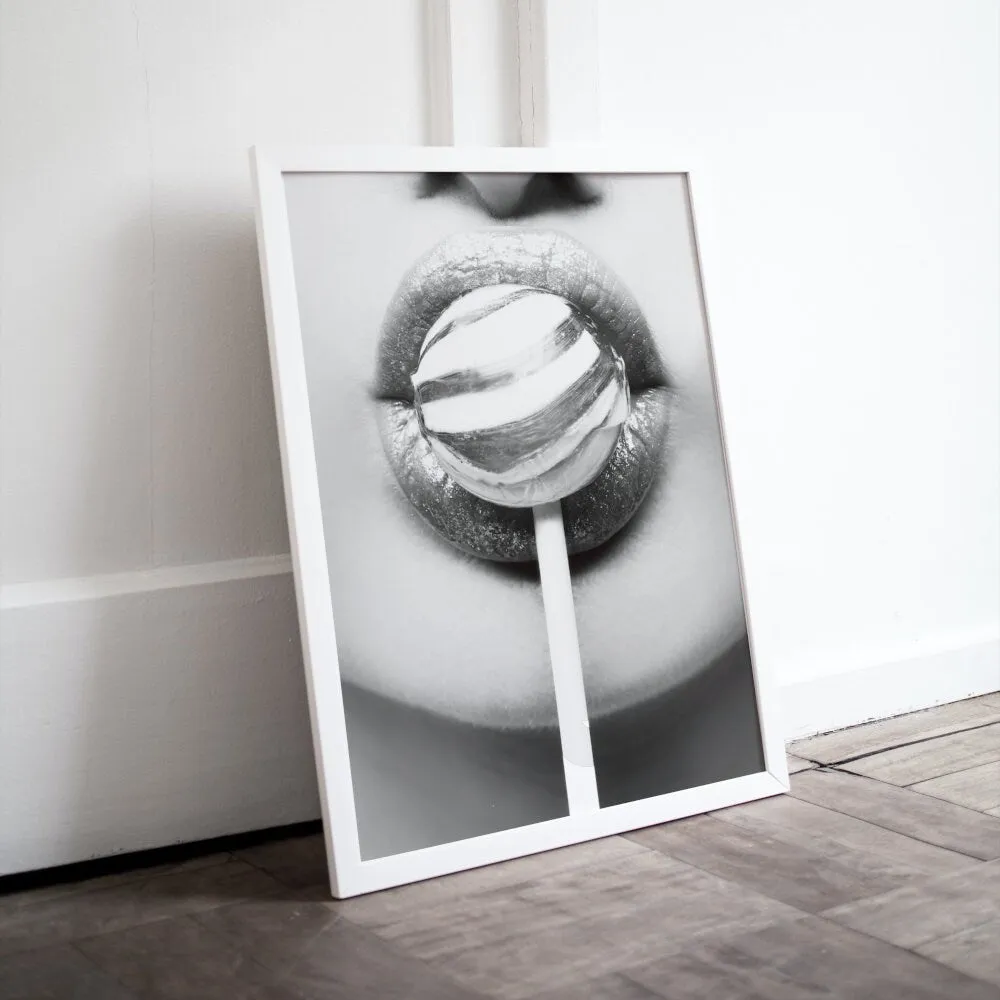 Black And White Pop Art Lips Lollipop Wall Art PRINTABLE WALL ART, Designer Wall Art, B&W Fashion Poster, Glam Decor, Modern Wall Art, Scandi