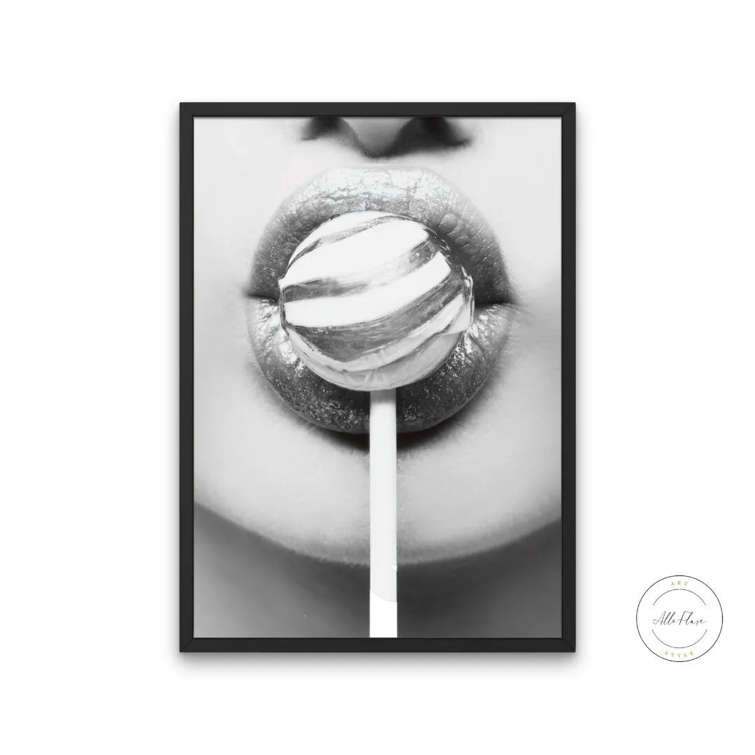 Black And White Pop Art Lips Lollipop Wall Art PRINTABLE WALL ART, Designer Wall Art, B&W Fashion Poster, Glam Decor, Modern Wall Art, Scandi