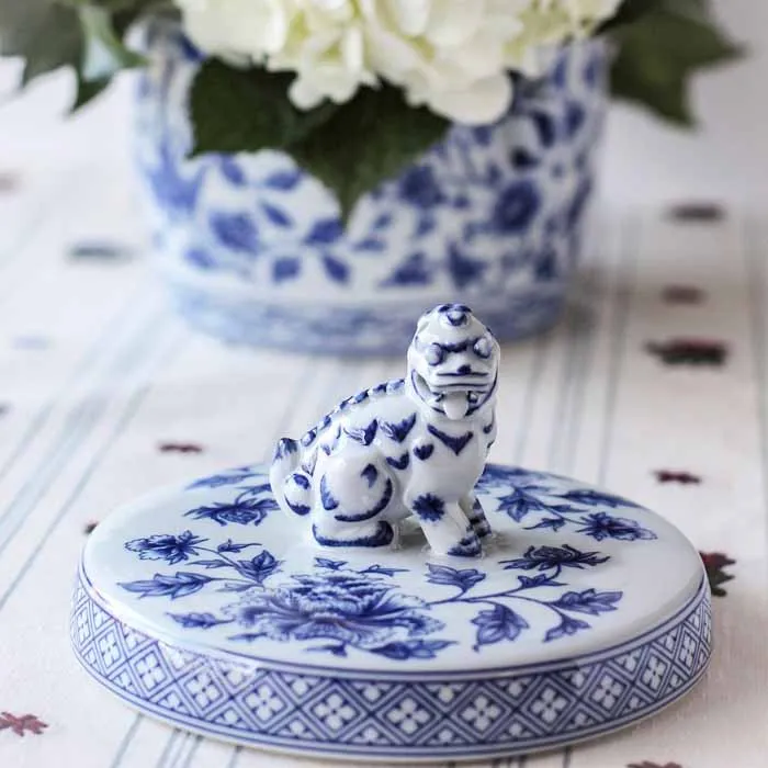 Blue and White Foo Dog Lidded Jar - Large