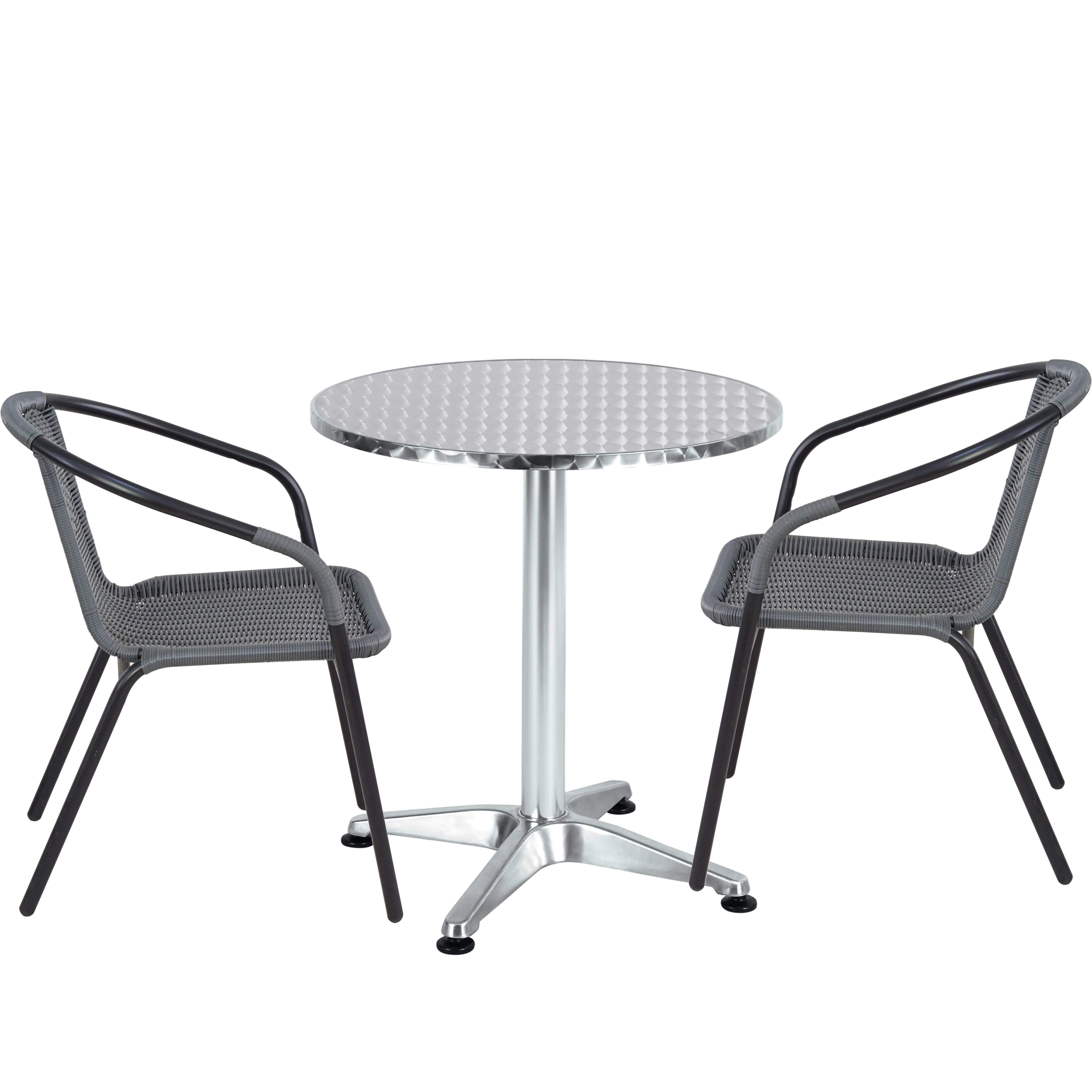 BTExpert Indoor Outdoor 23.75" Round Restaurant Table Stainless Steel Silver Aluminum   2 Gray Restaurant Rattan Stack Chairs Commercial Lightweight