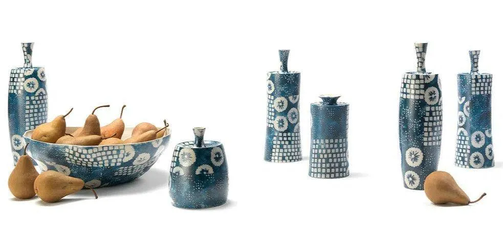 Coastal Style Blue Ceramic Block Print Vases (Set of 4)