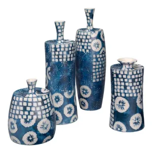 Coastal Style Blue Ceramic Block Print Vases (Set of 4)