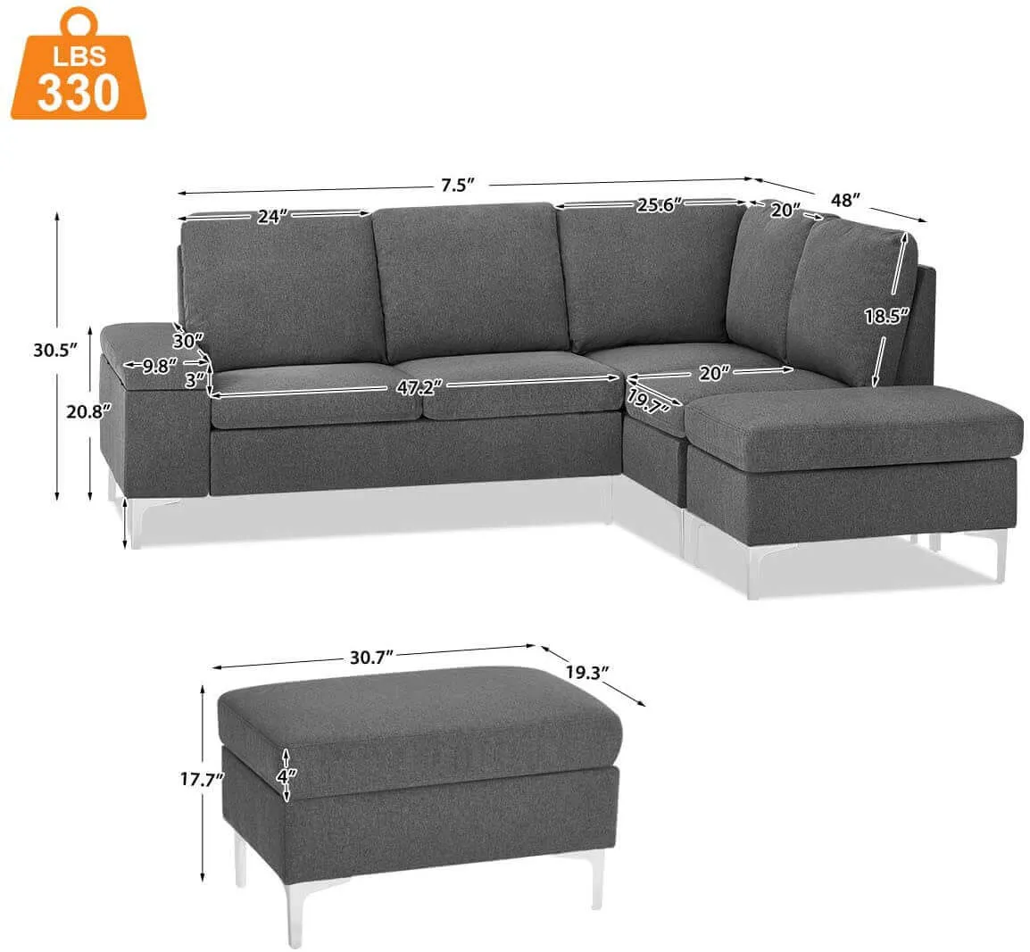 Convertible Sectional Sofa Couch with Ottoman, Sofa Armrest with Storage Function, L-Shaped Sofa with Gray Linen Fabric, for Living Room or Apartment (Right)