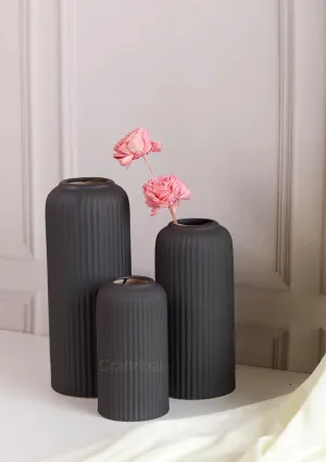 Craftribal's Modern Ceramic Flower Vase for Living Room, Flower Pots for Home Decoration, Home Decor, Line Vase (Set of 3PCS) BLACK