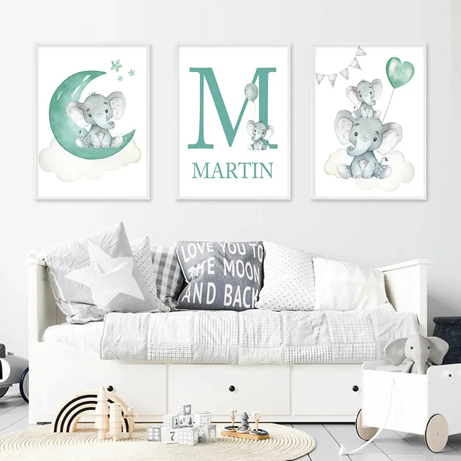 Cute Personalized Baby's Name Wall Art Fine Art Canvas Prints For Nursery Room Baby Elephant Moon & Stars Pictures For Kid's Room Wall Decor.