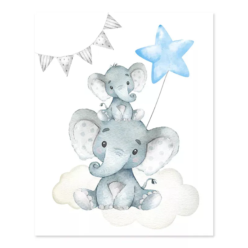 Cute Personalized Baby's Name Wall Art Fine Art Canvas Prints For Nursery Room Baby Elephant Moon & Stars Pictures For Kid's Room Wall Decor.