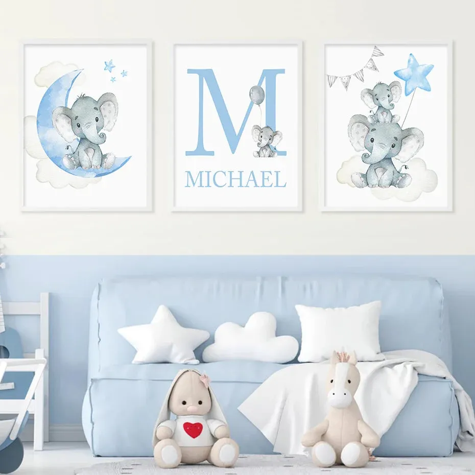 Cute Personalized Baby's Name Wall Art Fine Art Canvas Prints For Nursery Room Baby Elephant Moon & Stars Pictures For Kid's Room Wall Decor.