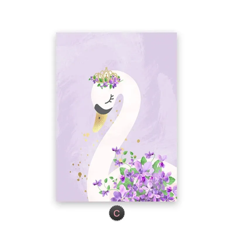 Cute Purple Love Swan Personalized Baby's Name Wall Art For Nursery Room Canvas Print Posters Custom Pictures For Girl's Room Wall Decororation