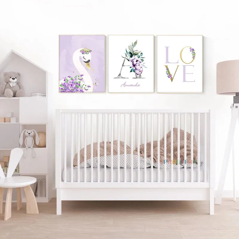 Cute Purple Love Swan Personalized Baby's Name Wall Art For Nursery Room Canvas Print Posters Custom Pictures For Girl's Room Wall Decororation