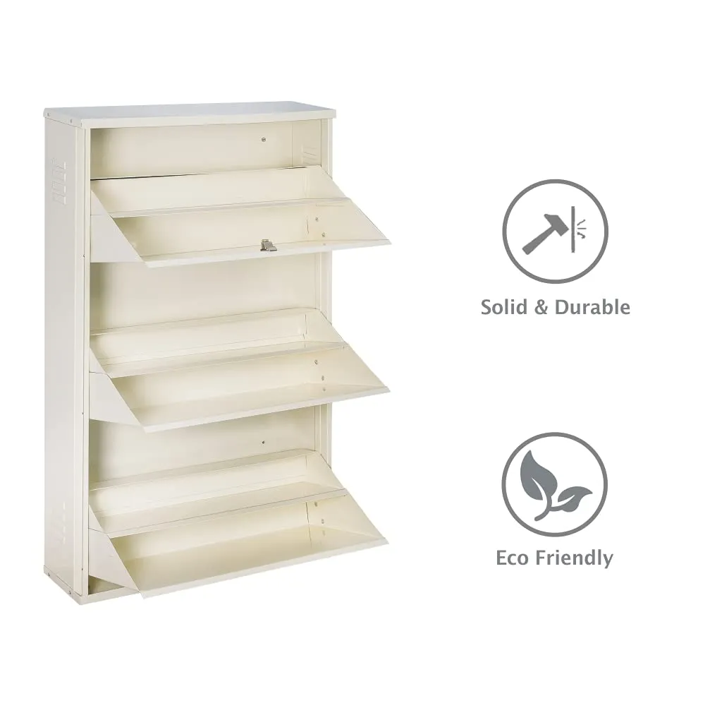 DELITE KOM Metal Three Door Double Decker Shoe Rack, 24 inch, Ivory, Matte Finish