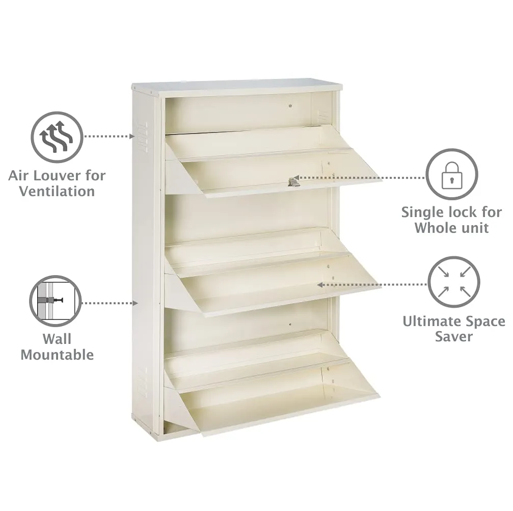 DELITE KOM Metal Three Door Double Decker Shoe Rack, 24 inch, Ivory, Matte Finish