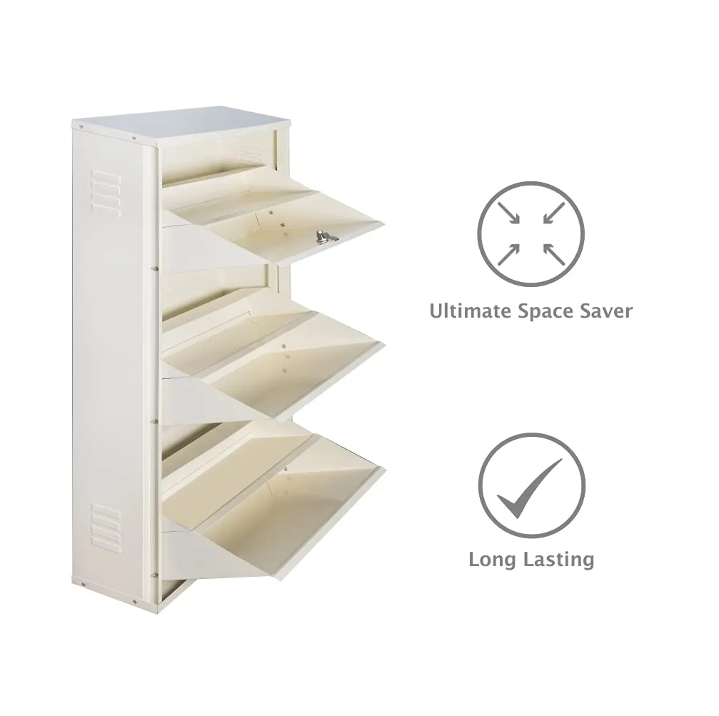 DELITE KOM Metal Three Door Double Decker Shoe Rack, 24 inch, Ivory, Matte Finish