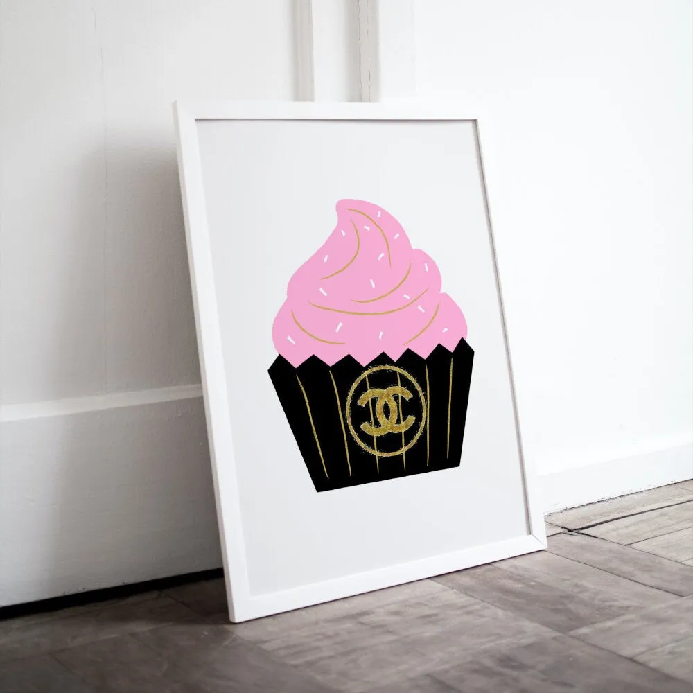 Designer Cupcake Wall Art INSTANT DOWNLOAD Art Print, Designer Wall Art Download, Fashion Art, Cake Balloon Poster, Glam Décor, Black And Gold, Preppy