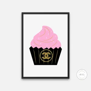 Designer Cupcake Wall Art INSTANT DOWNLOAD Art Print, Designer Wall Art Download, Fashion Art, Cake Balloon Poster, Glam Décor, Black And Gold, Preppy