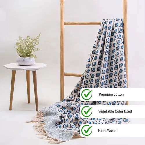 DMAASA Pure Cotton Throw Blanket | Handmade Block Print Blue Floral Design Throw 50x60 Inches | Throw for Sofa, Bed, Chair and Couch | Breathable and Lightweight