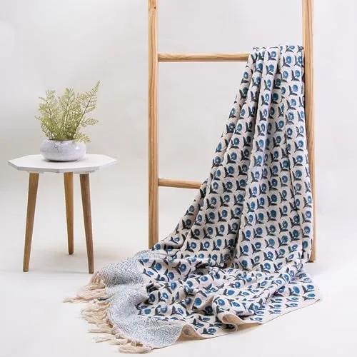 DMAASA Pure Cotton Throw Blanket | Handmade Block Print Blue Floral Design Throw 50x60 Inches | Throw for Sofa, Bed, Chair and Couch | Breathable and Lightweight