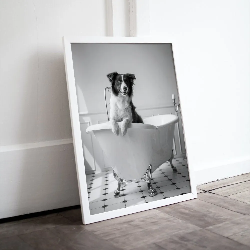 Dog In Bathtub Black And White PRINTABLE WALL ART, Pets In Bubble Bath, Bathroom Art Print, Black & White Glam Decor, Cat Dog Gift, Funny Artwork