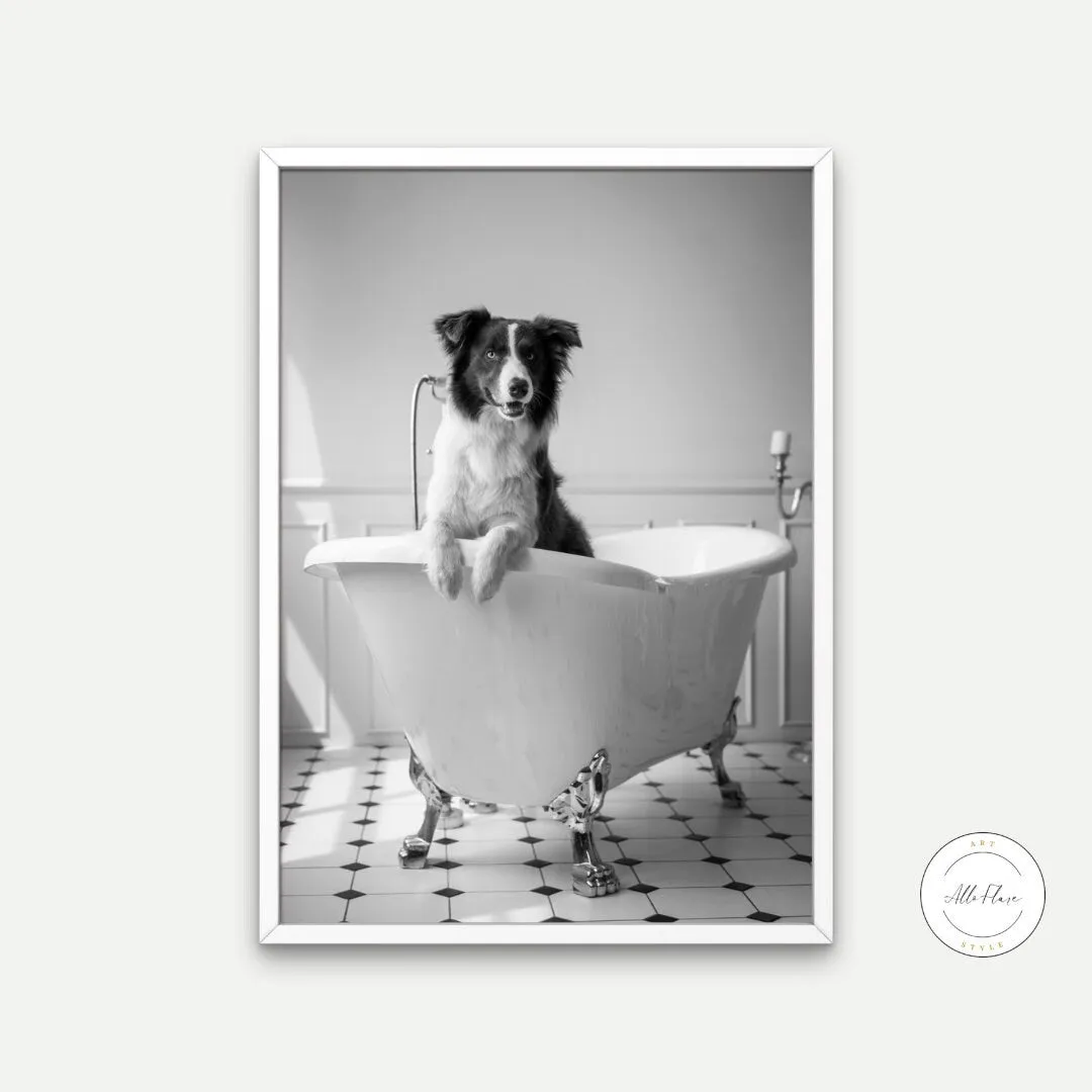 Dog In Bathtub Black And White PRINTABLE WALL ART, Pets In Bubble Bath, Bathroom Art Print, Black & White Glam Decor, Cat Dog Gift, Funny Artwork