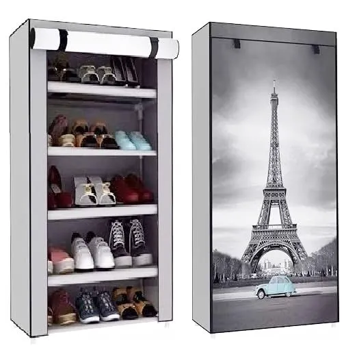 EXPOSURE 5 Layer Tree House PRINT Multipurpose Metal Pipes Non Woven Cover and Shelf with Single Connector Collapsible Shoe Rack (Light Grey)