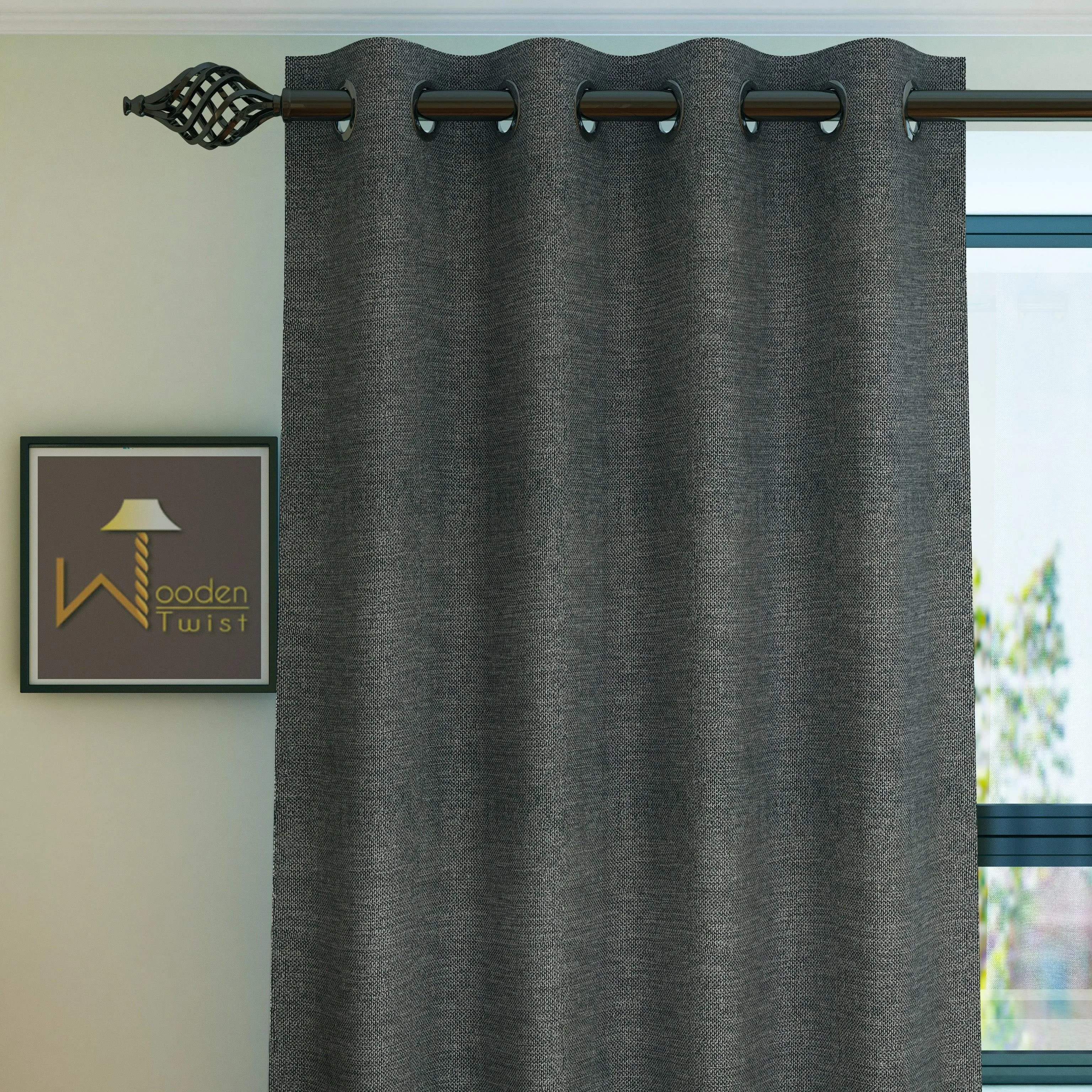 Fabrahome Light Filtering 10 Ft Rectangular Jute Fabric Curtain ( Dark Grey )