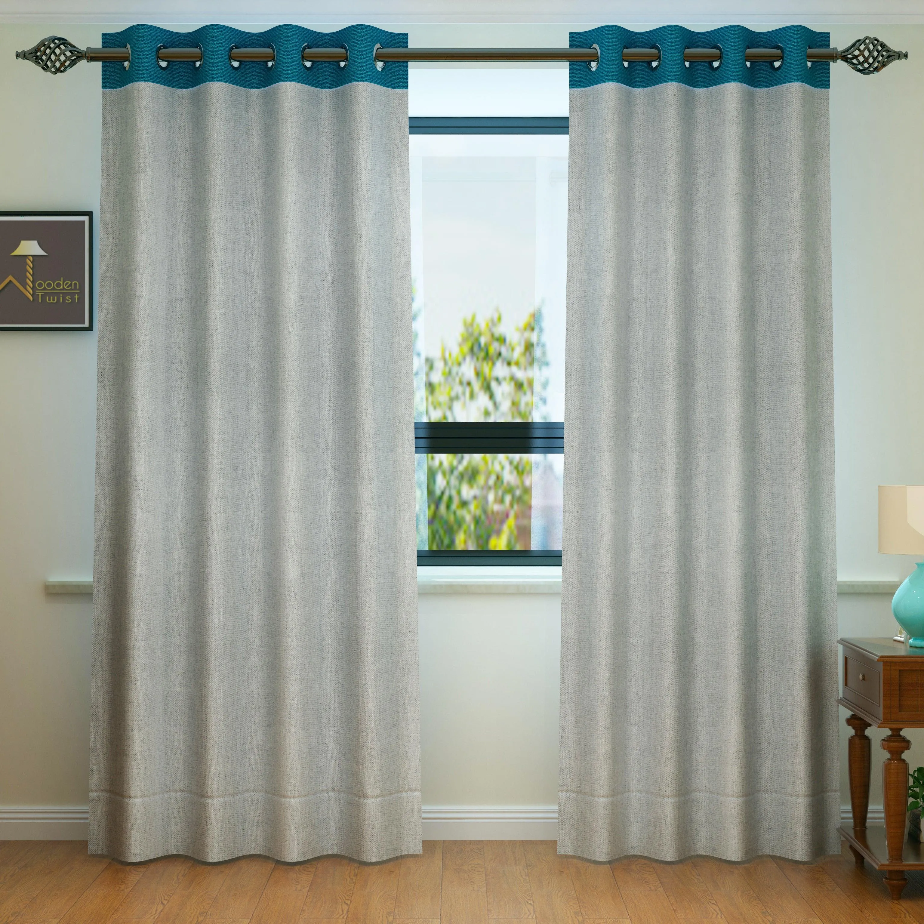 Fabrahome Light Filtering 7 Ft Rectangular Jute Fabric Curtain ( Grey & Blue )